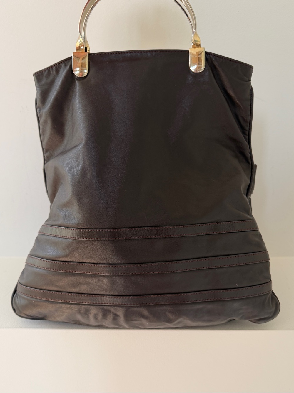VINTAGE Sorrento Leather Handbag Tote Three Compartment Metal Handle Boho Chic